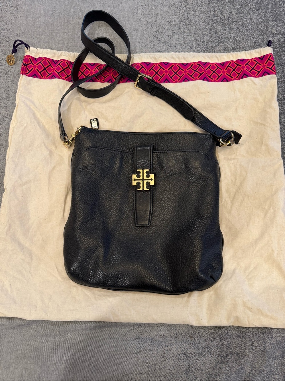 Tory Burch Black Leather Crossbody Bag with Gold Logo